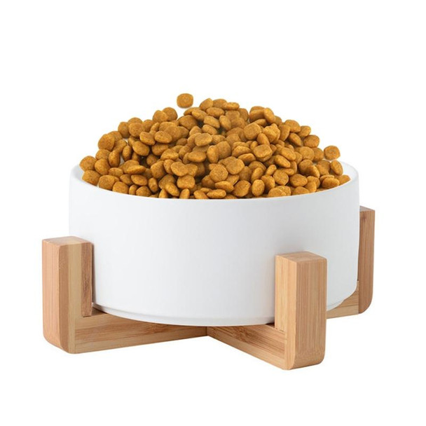 13cm/400ml Cat Bowl Dog Pot Pet Ceramic Bowl, Style:Single Bowl With Wooden Stand(White)