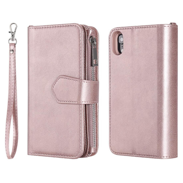 iPhone XR 2 in 1 Solid Color Zipper Shockproof Protective Case with Card Slots & Bracket & Photo Holder & Wallet Function(Rose Gold)