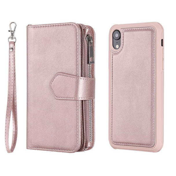 iPhone XR 2 in 1 Solid Color Zipper Shockproof Protective Case with Card Slots & Bracket & Photo Holder & Wallet Function(Rose Gold)