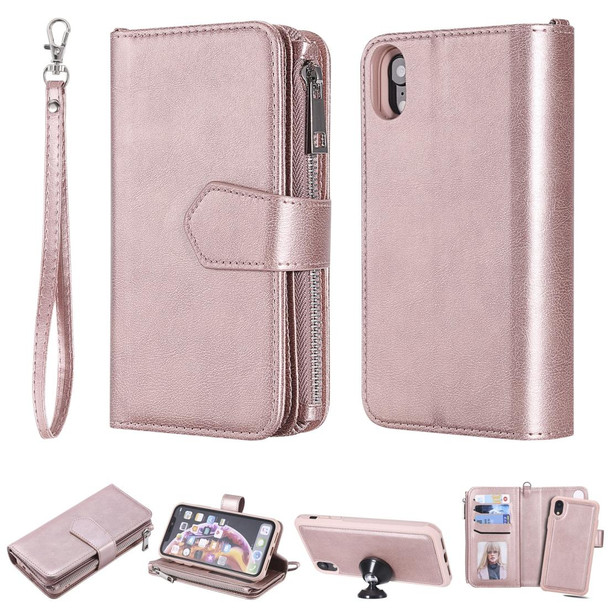 iPhone XR 2 in 1 Solid Color Zipper Shockproof Protective Case with Card Slots & Bracket & Photo Holder & Wallet Function(Rose Gold)