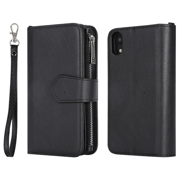 iPhone XR 2 in 1 Solid Color Zipper Shockproof Protective Case with Card Slots & Bracket & Photo Holder & Wallet Function(Black)