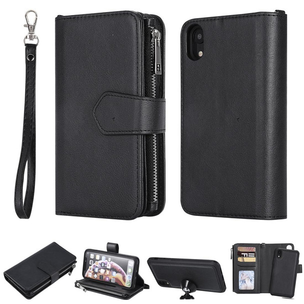 iPhone XR 2 in 1 Solid Color Zipper Shockproof Protective Case with Card Slots & Bracket & Photo Holder & Wallet Function(Black)