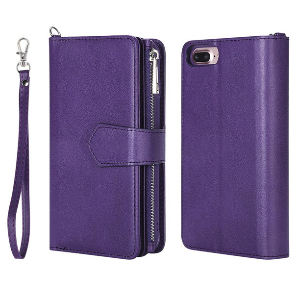 iPhone 7 Plus / 8 Plus 2 in 1 Solid Color Zipper Shockproof Protective Case with Card Slots & Bracket & Photo Holder & Wallet Function(Purple)