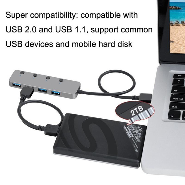 HS0059 Independent Switch USB 3.0 4 Ports Extension Type-C / USB-C Aluminum Alloy HUB, Cable Length: 30cm