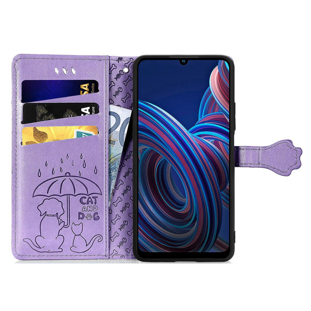 For ZTE Blade A72 4G Cute Cat and Dog Embossed Leather Phone Case(Purple)