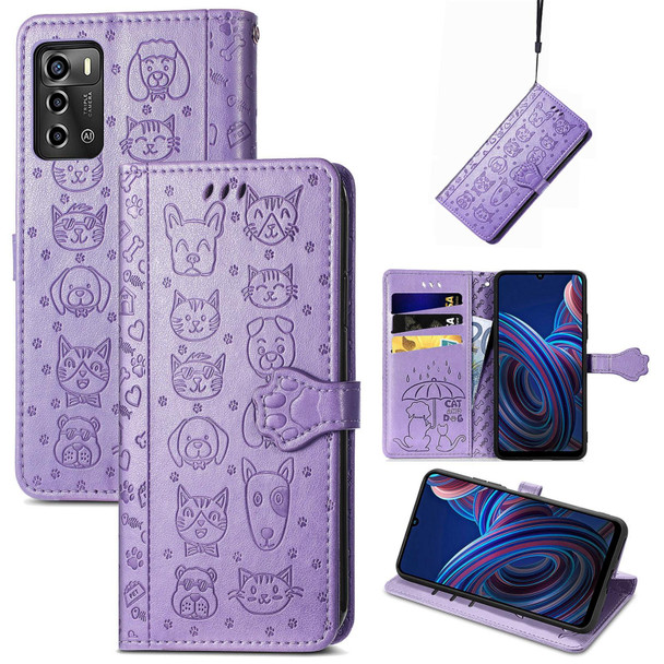 For ZTE Blade A72 4G Cute Cat and Dog Embossed Leather Phone Case(Purple)