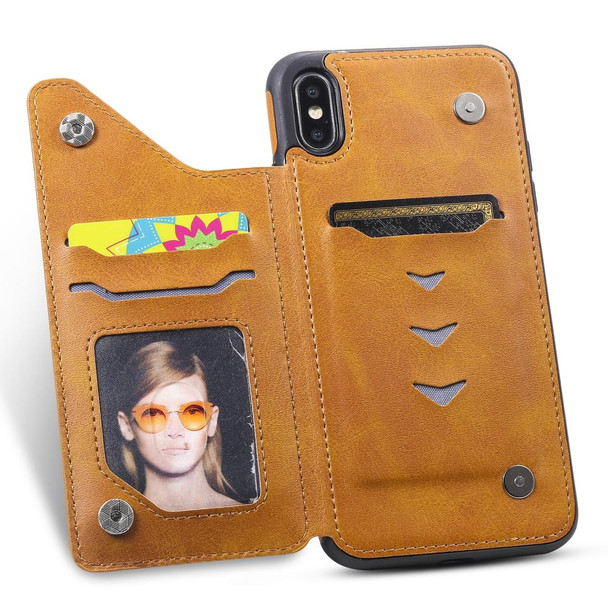 iPhone XS Max Shockproof Calf Texture Protective Case with Holder & Card Slots & Frame(Brown)