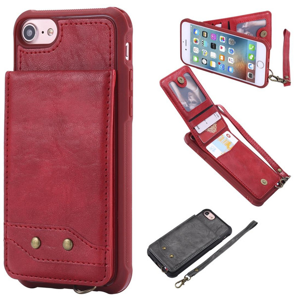 iPhone SE 2022 / SE 2020 / 8 / 7 Vertical Flip Shockproof Leather Protective Case with Short Rope, Support Card Slots & Bracket & Photo Holder & Wallet Function(Red)