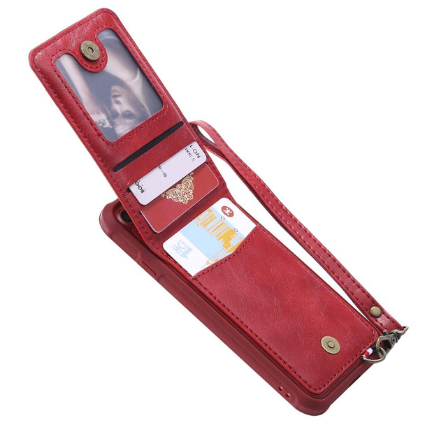 iPhone SE 2022 / SE 2020 / 8 / 7 Vertical Flip Shockproof Leather Protective Case with Short Rope, Support Card Slots & Bracket & Photo Holder & Wallet Function(Red)