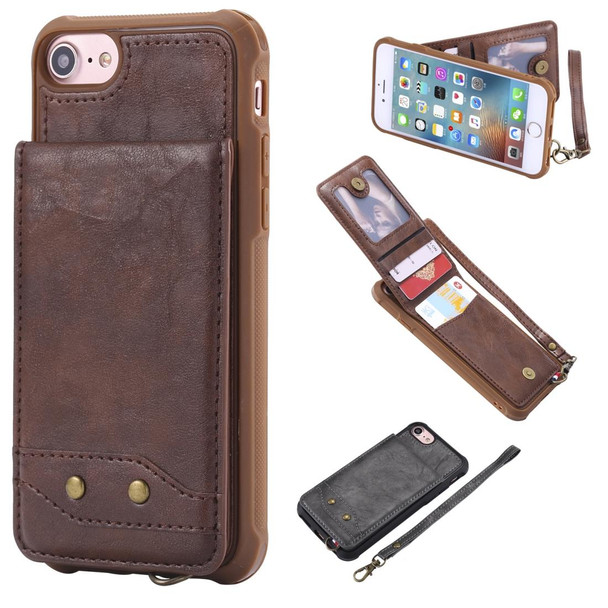 iPhone SE 2022 / SE 2020 / 8 / 7 Vertical Flip Shockproof Leather Protective Case with Short Rope, Support Card Slots & Bracket & Photo Holder & Wallet Function(Coffee)