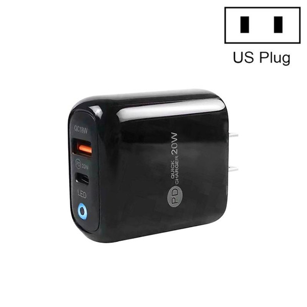 PD04 PD20W Type-C + QC18W USB Mobile Phone Charger with LED Indicator, US Plug(Black)