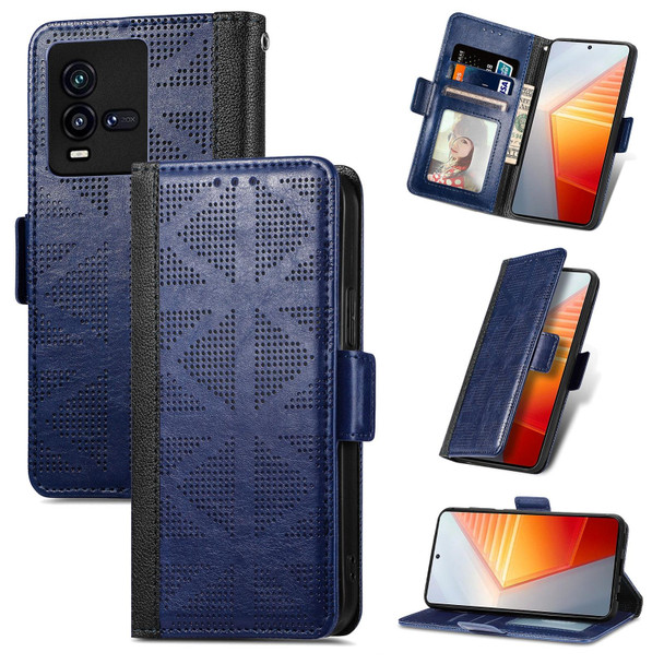 For vivo iQOO 10 Grid Leatherette Flip Phone Case(Blue)