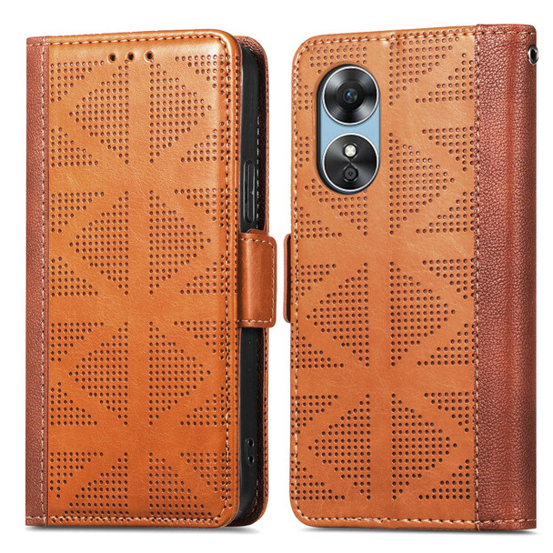 For OPPO  A17 Grid Leatherette Flip Phone Case(Brown)