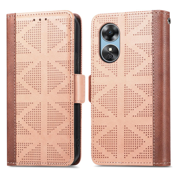 For OPPO  A17 Grid Leatherette Flip Phone Case(Khaki)