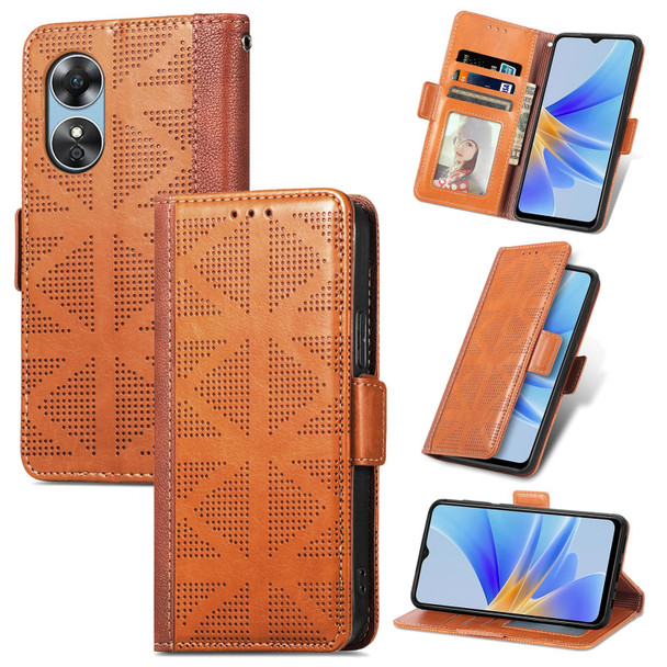 For OPPO  A17 Grid Leatherette Flip Phone Case(Khaki)