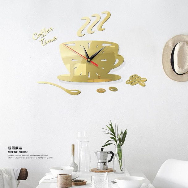 2 Sets Home DIY 3D Stereo Decorative Fashion Coffee Wall Clock Acrylic Mirror Wall Sticker Coffee Clock(Light Gold)