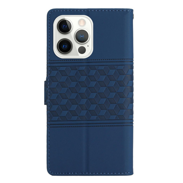 For iPhone 14 Pro Diamond Embossed Skin Feel Leatherette Phone Case with Lanyard(Dark Blue)