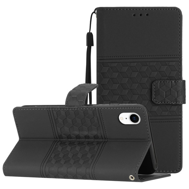 For iPhone XR Diamond Embossed Skin Feel Leatherette Phone Case with Lanyard(Black)