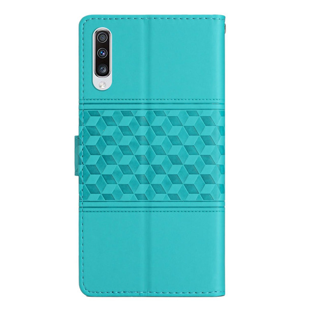 For Samsung Galaxy A50 Diamond Embossed Skin Feel Leatherette Phone Case with Lanyard(Blue)