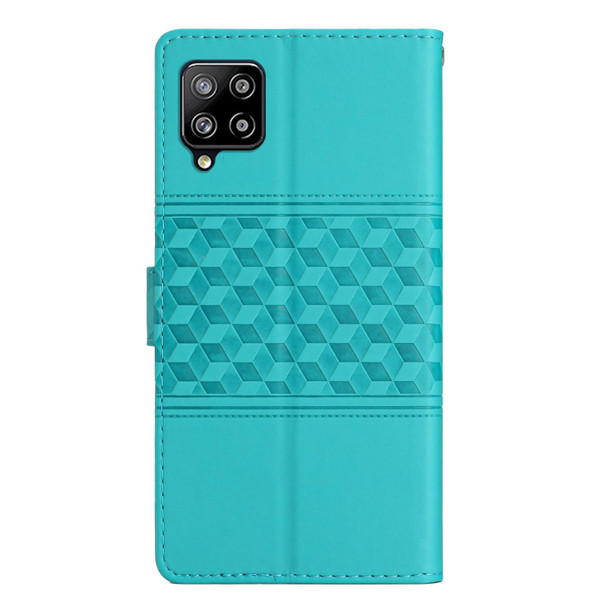 For Samsung Galaxy M32 Diamond Embossed Skin Feel Leatherette Phone Case with Lanyard(Blue)