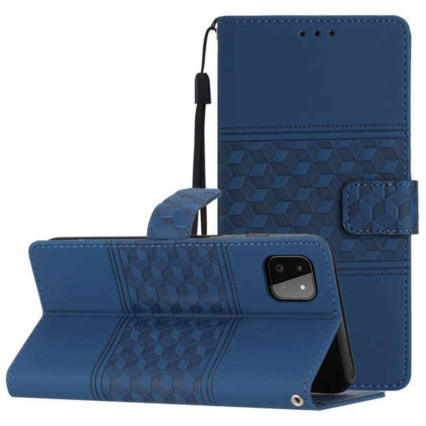 For Samsung Galaxy A22 5G Diamond Embossed Skin Feel Leatherette Phone Case with Lanyard(Dark Blue)