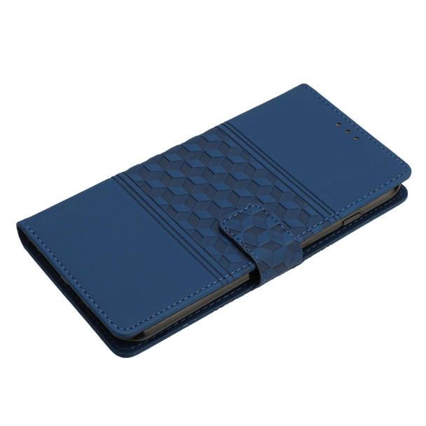 For Samsung Galaxy A22 5G Diamond Embossed Skin Feel Leatherette Phone Case with Lanyard(Dark Blue)