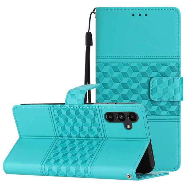 For Samsung Galaxy A14 5G Diamond Embossed Skin Feel Leatherette Phone Case with Lanyard(Blue)