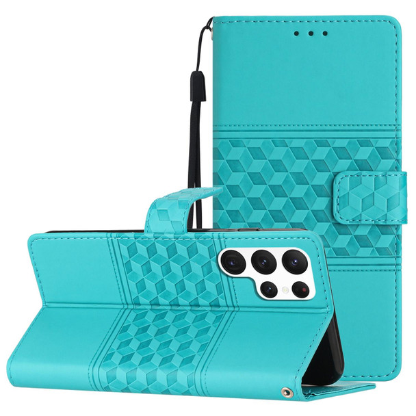 For Samsung Galaxy S22 Ultra 5G Diamond Embossed Skin Feel Leatherette Phone Case with Lanyard(Blue)