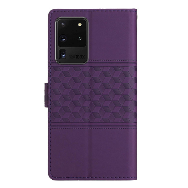 For Samsung Galaxy S20 Ultra Diamond Embossed Skin Feel Leatherette Phone Case with Lanyard(Purple)