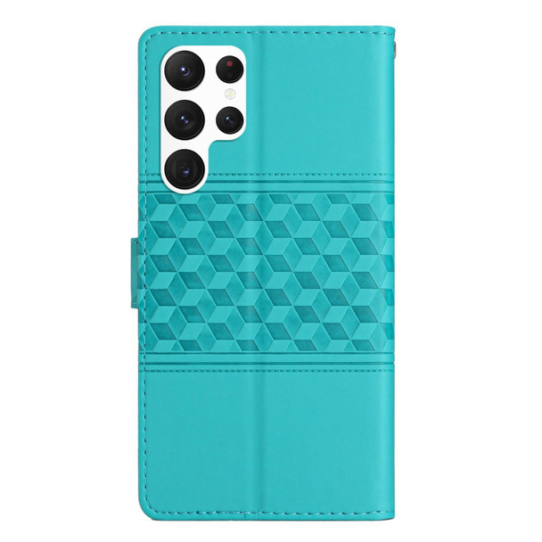 For Samsung Galaxy S23 Ultra 5G Diamond Embossed Skin Feel Leatherette Phone Case with Lanyard(Blue)