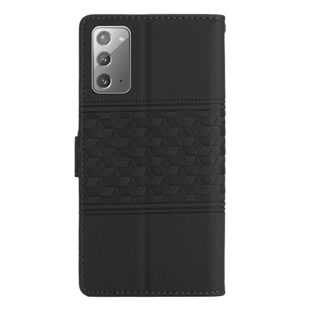 For Samsung Galaxy Note20 Diamond Embossed Skin Feel Leatherette Phone Case with Lanyard(Black)