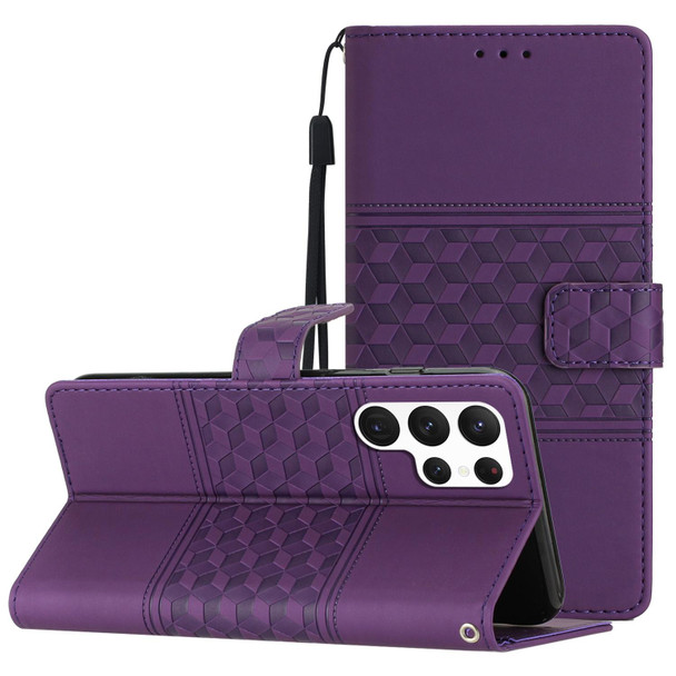 For Samsung Galaxy S22 Ultra 5G Diamond Embossed Skin Feel Leatherette Phone Case with Lanyard(Purple)