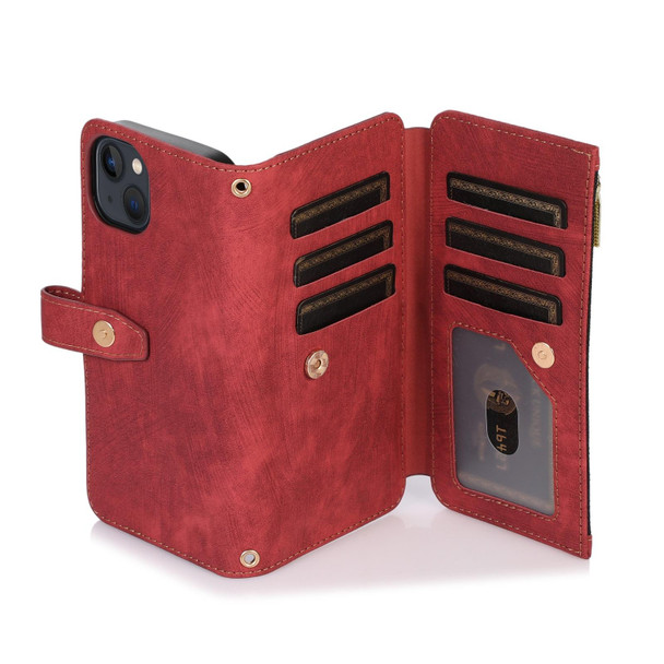 For iPhone 14 Plus Dream 9-Card Wallet Zipper Bag Leatherette Phone Case(Red)