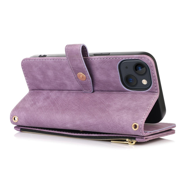 For iPhone 13 Dream 9-Card Wallet Zipper Bag Leatherette Phone Case(Purple)