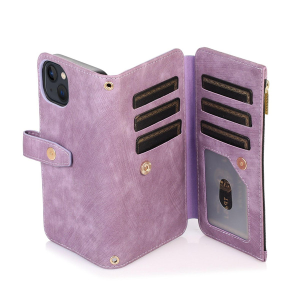 For iPhone 13 Dream 9-Card Wallet Zipper Bag Leatherette Phone Case(Purple)