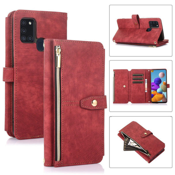 For Samsung Galaxy A21s Dream 9-Card Wallet Zipper Bag Leatherette Phone Case(Red)