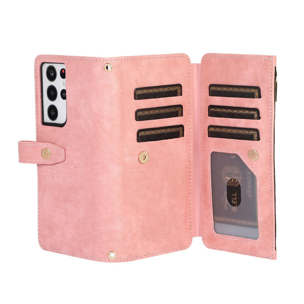 For Samsung Galaxy S21 Ultra 5G Dream 9-Card Wallet Zipper Bag Leatherette Phone Case(Pink)