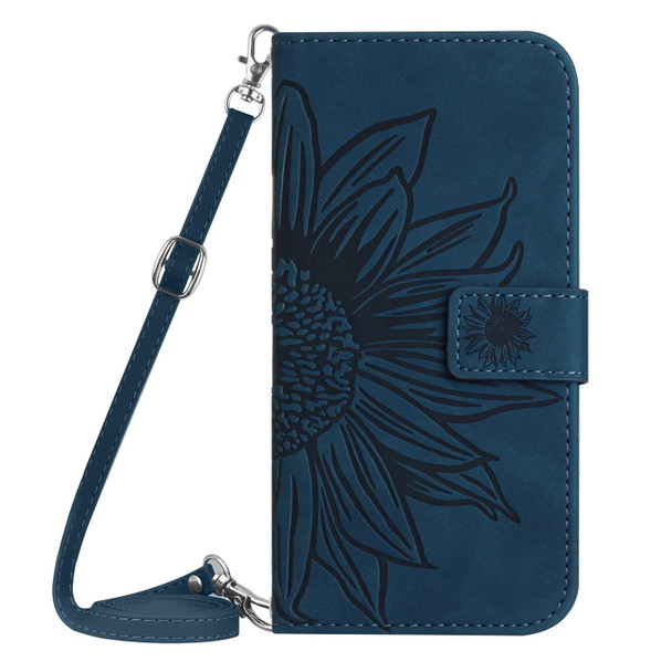 For Honor 80 Pro HT04 Skin Feel Sun Flower Embossed Flip Leatherette Phone Case with Lanyard(Inky Blue)