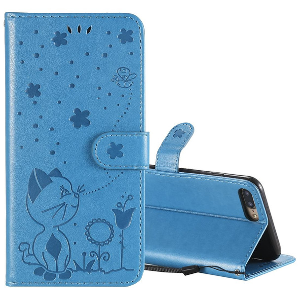 For iPhone 8 Plus / 7 Plus Cat Bee Embossing Pattern Shockproof Horizontal Flip Leatherette Case with Holder & Card Slots & Wallet(Blue)