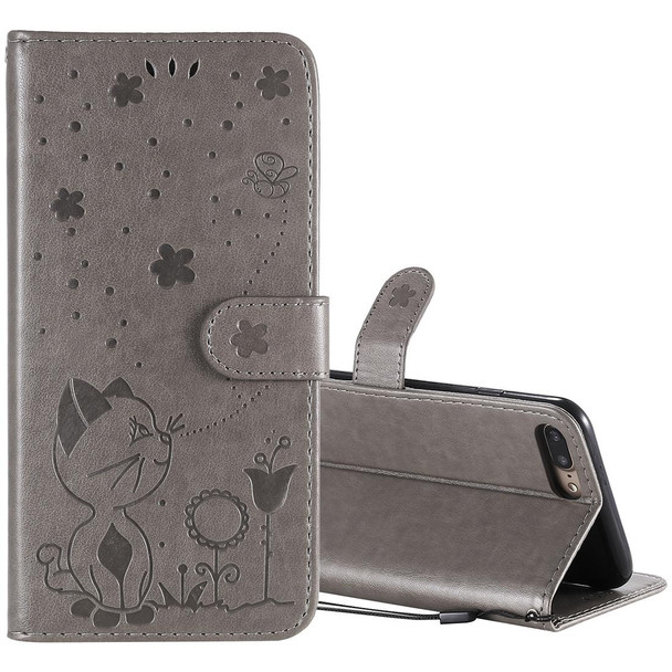 For iPhone 8 Plus / 7 Plus Cat Bee Embossing Pattern Shockproof Horizontal Flip Leatherette Case with Holder & Card Slots & Wallet(Grey)