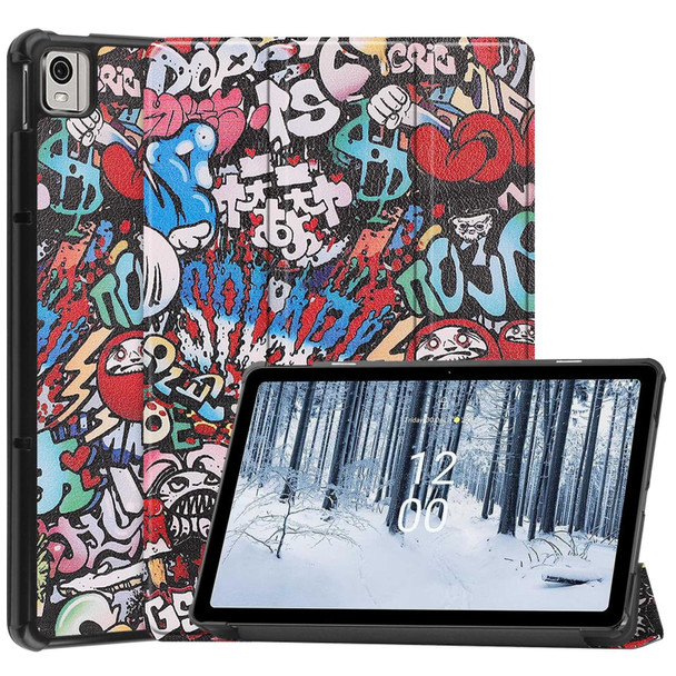 For Nokia T21 Custer Painted 3-Fold Holder Leatherette Smart Tablet Case(Graffiti)