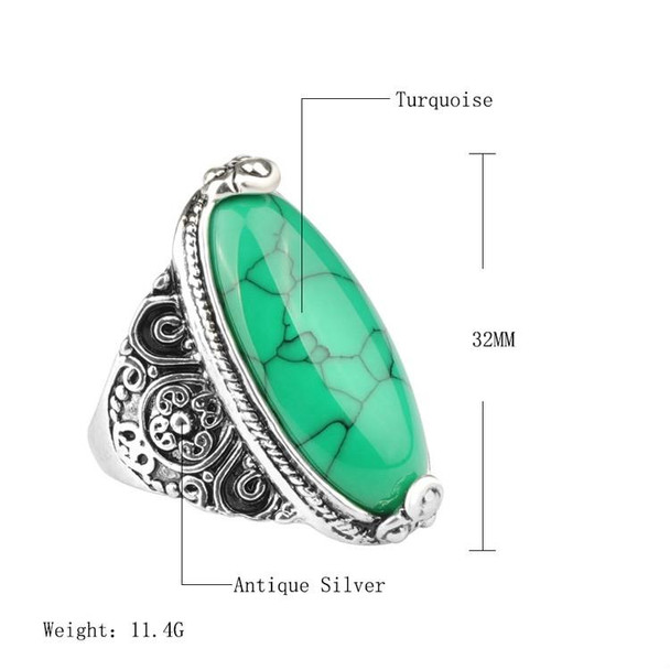 Fashion Vintage Oval Turquoise Flower Ring Women Antique Silver Jewelry, Ring Size:7(Green)