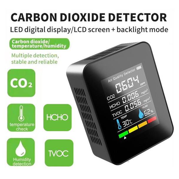 5 In 1 Temperature Humidity TVOC HCHO CO2 Large Screen Display Power Digital Air Quality Monitor(Black)