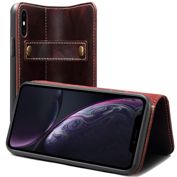 iPhone XR Denior Oil Wax Cowhide DK Magnetic Button Horizontal Flip Leather Case with Holder & Card Slots & Wallet(Dark Red)