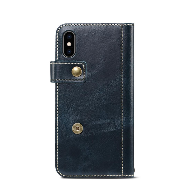 iPhone X / XS Denior Oil Wax Cowhide DK Magnetic Button Horizontal Flip Leather Case with Holder & Card Slots & Wallet(Dark Blue)