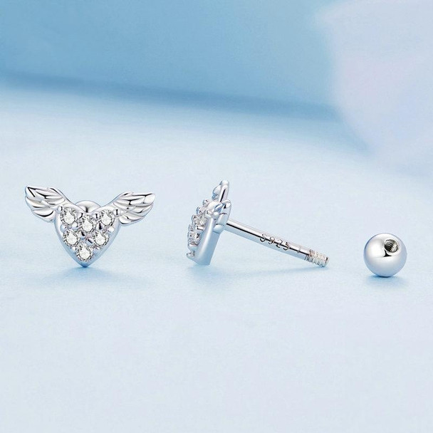 BSE756 Sterling Silver S925 Love Wings White Gold Plated Zirconia Earrings