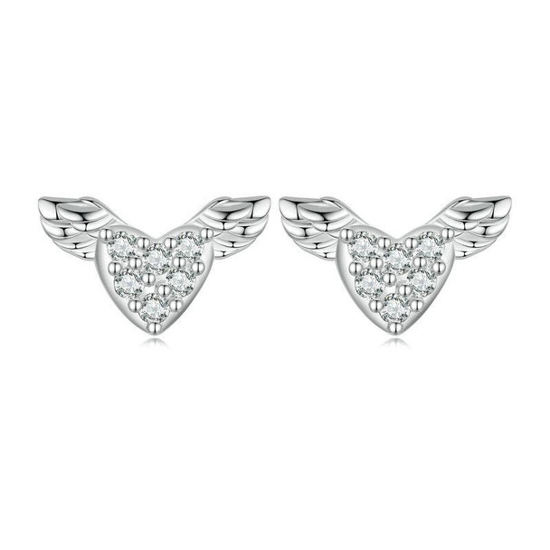 BSE756 Sterling Silver S925 Love Wings White Gold Plated Zirconia Earrings