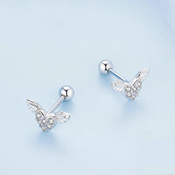 BSE756 Sterling Silver S925 Love Wings White Gold Plated Zirconia Earrings