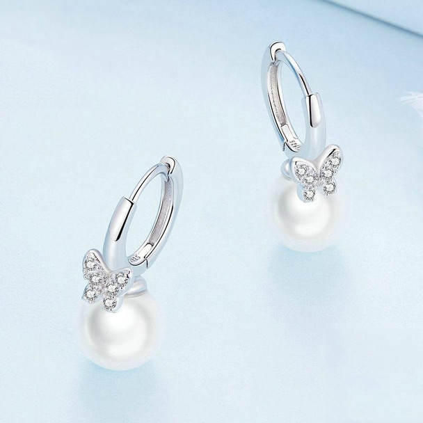 BSE760 Sterling Silver S925 Butterfly Shell Beads White Gold Plated Zirconia Earrings