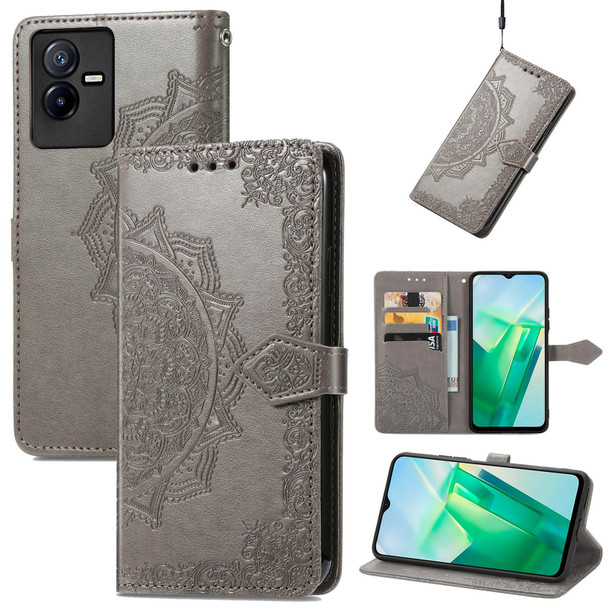 For vivo T2X 5G Mandala Flower Embossed Leatherette Phone Case(Gray)